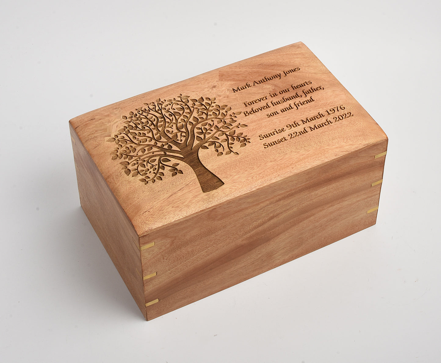 Solid Wood Casket Tree With Decorative Brass Trims - Adult, Child, Companion urn