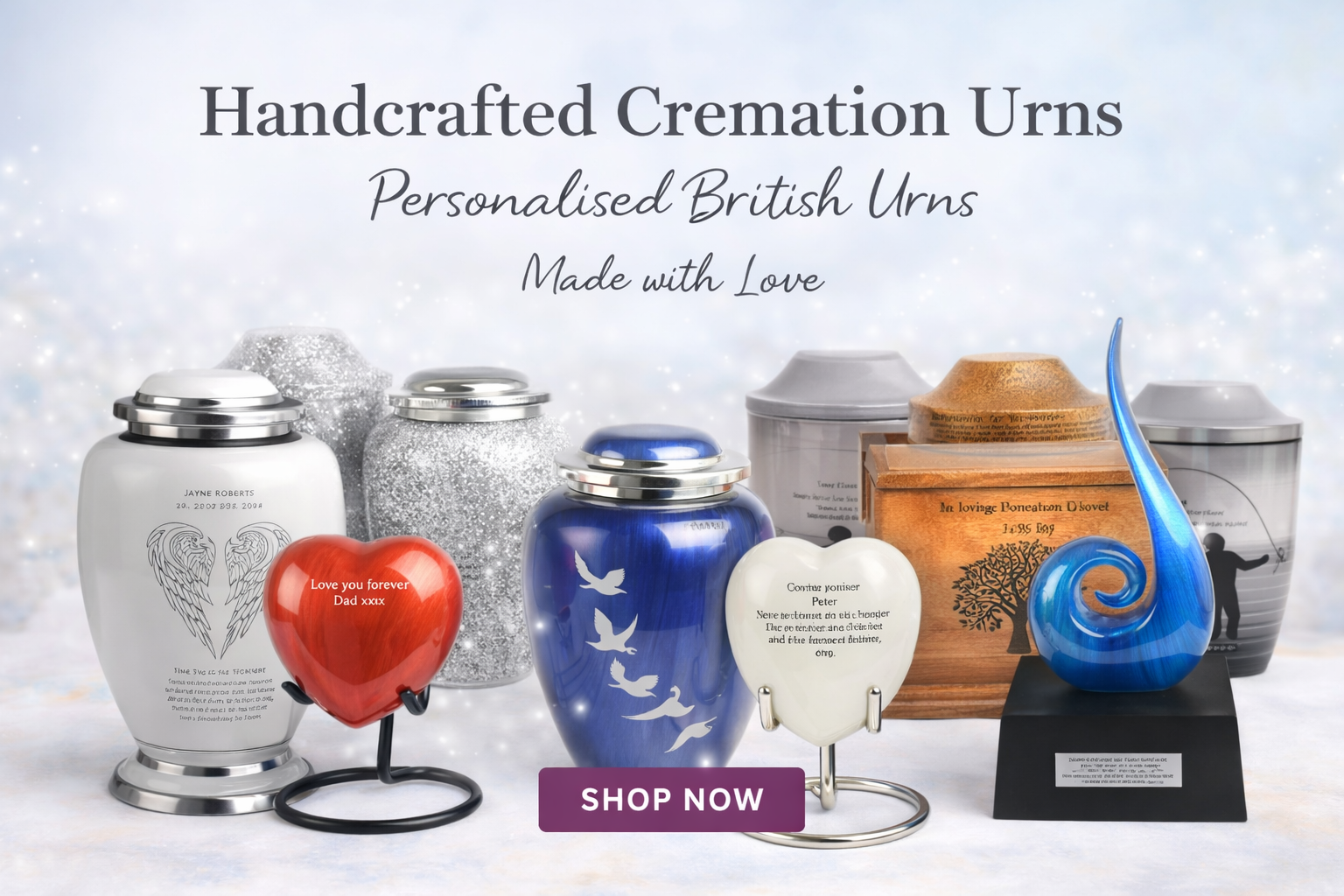 Handcrafted cremation urns displayed on a white background with text about personalized British urns.