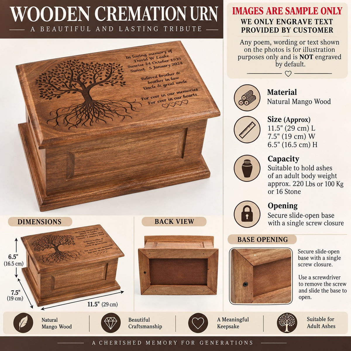 Large Solid Wood Casket Tree Of Life Urn