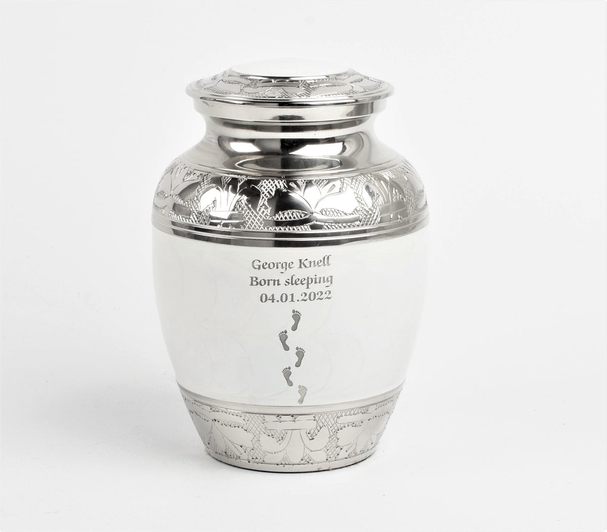 White Urn with Engraved Footprints Small and Medium