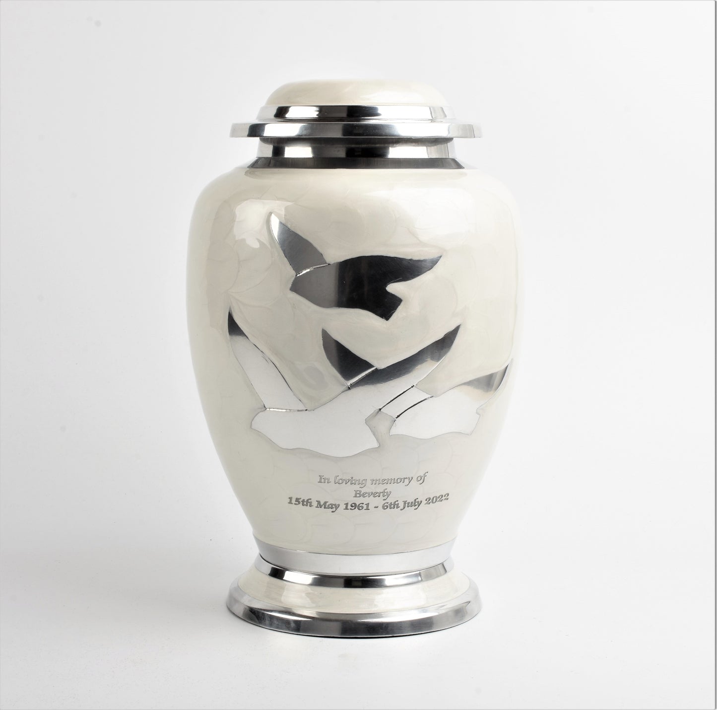 White and Silver Flying Birds Aluminium Urn
