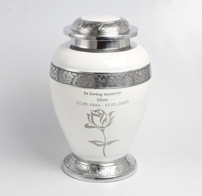 White and Silver Rose Design Urn