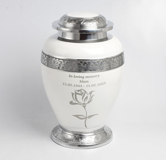 White and Silver Rose Design Urn