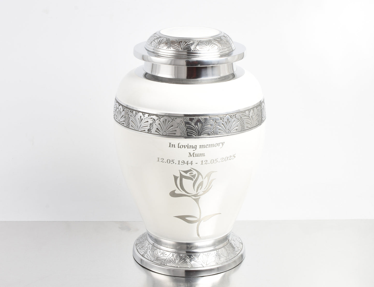White and Silver Rose Design Urn