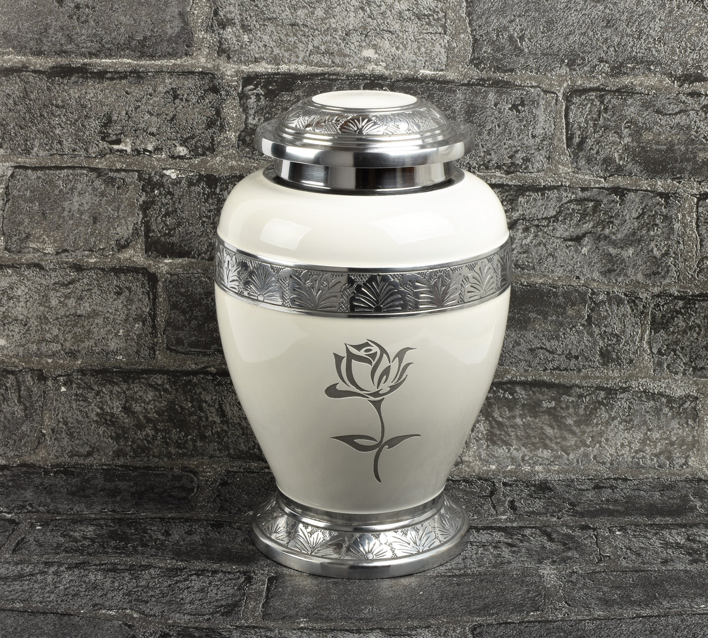 White and Silver Rose Design Urn