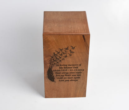 Wood Casket for Adult Ashes Feather Design