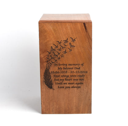 Wood Casket for Adult Ashes Feather Design