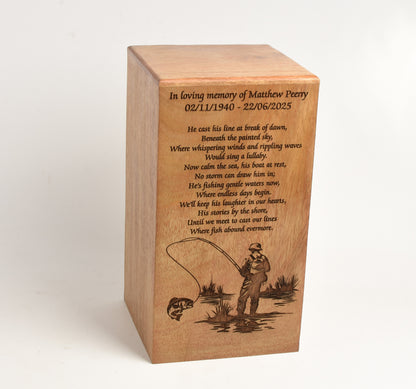 Wood Casket for Adult Ashes Fisherman Design