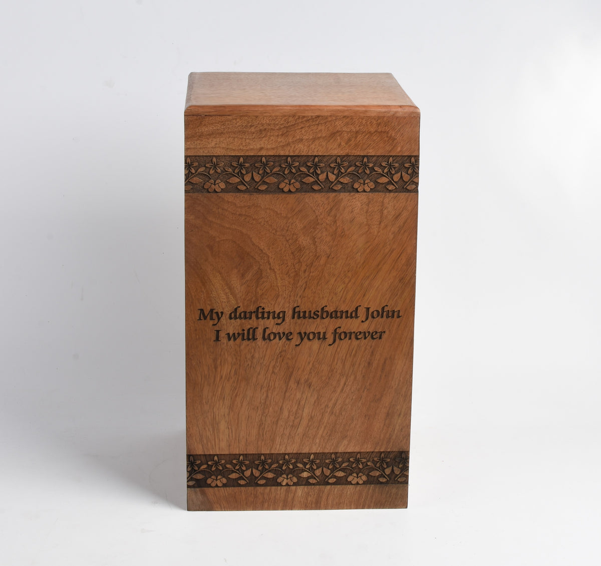 Solid Wood Cremation Casket Urn – Floral Border Engraving Design