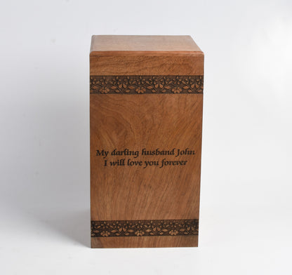 Solid Wood Cremation Casket Urn – Floral Border Engraving Design