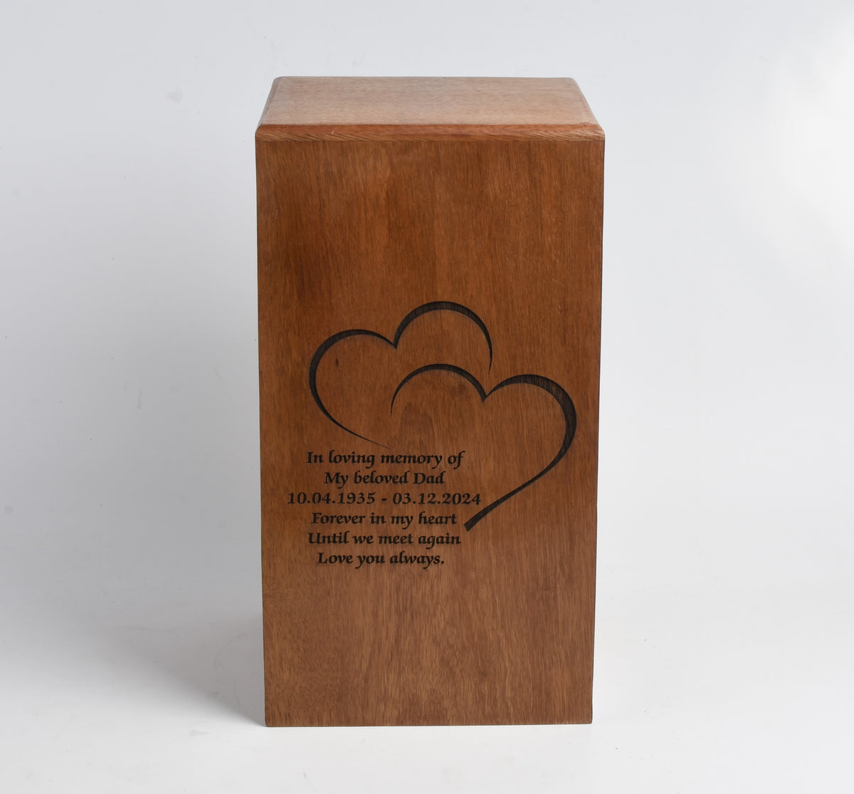 Wood Casket for Adult Ashes Twin Hearts Design