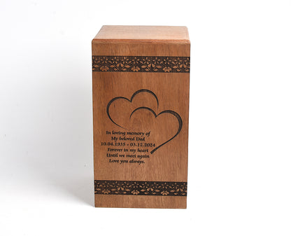 Wood Cremation Casket Urn – Double Heart & Floral Engraving