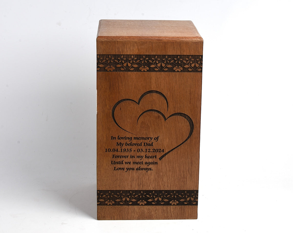 Wood Cremation Casket Urn – Double Heart & Floral Engraving