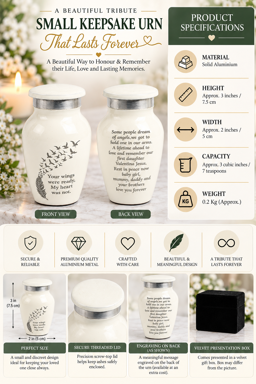 White Feather Keepsake Cremation Urn