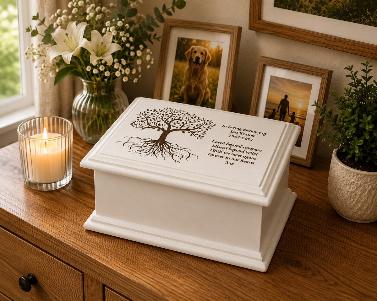 Large MDF Wood White Cremation Casket Tree of Life