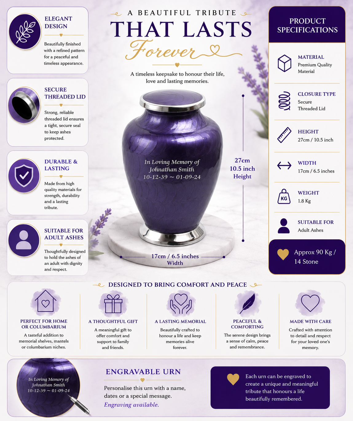 Purple with Silver Aria Adult Cremation Urn