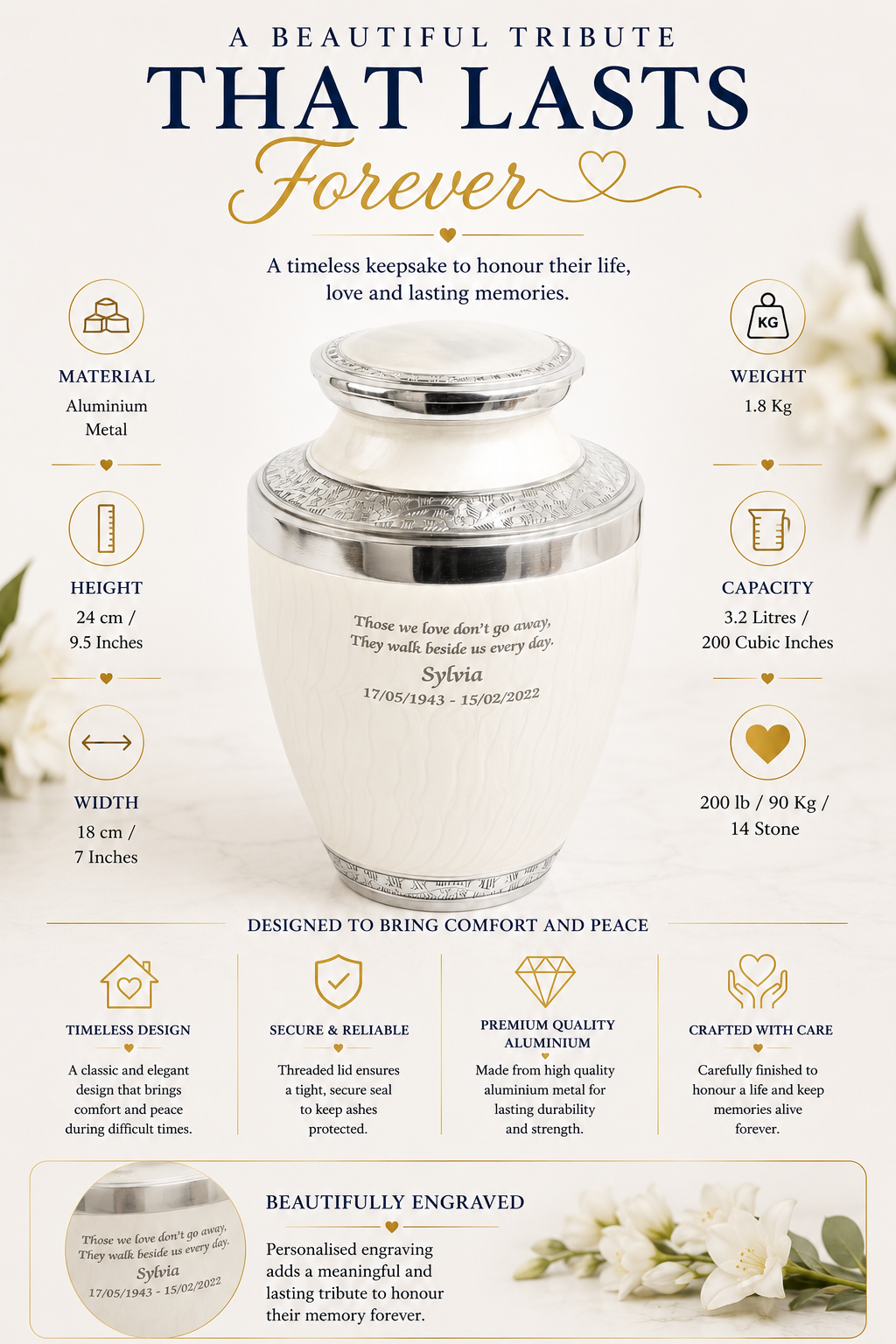 White and Silver Cremation Urn – Testi Shape with Various Engraving Designs