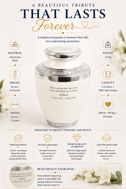 White and Silver Cremation Urn – Testi Shape with Various Engraving Designs