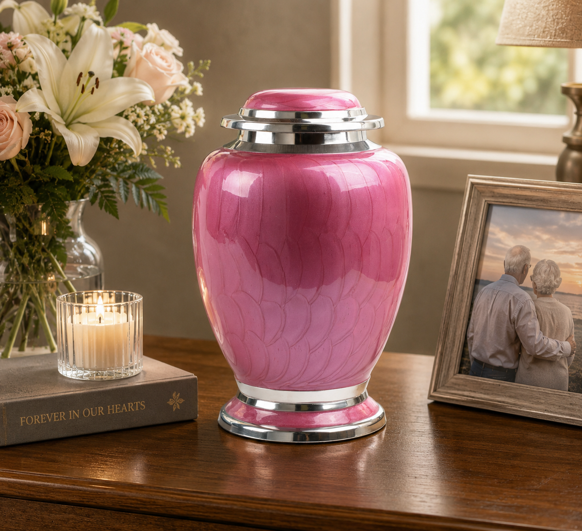 Pink and Silver Dove Shape Urn