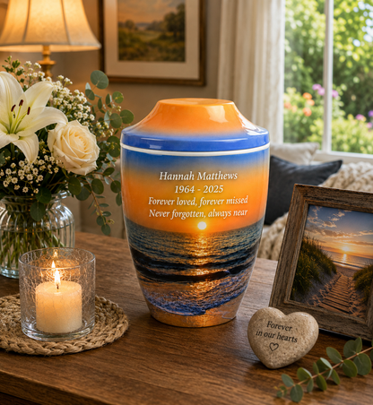 Iron Metal Cremation Urn Beach Sunset With Free Ashes Bag