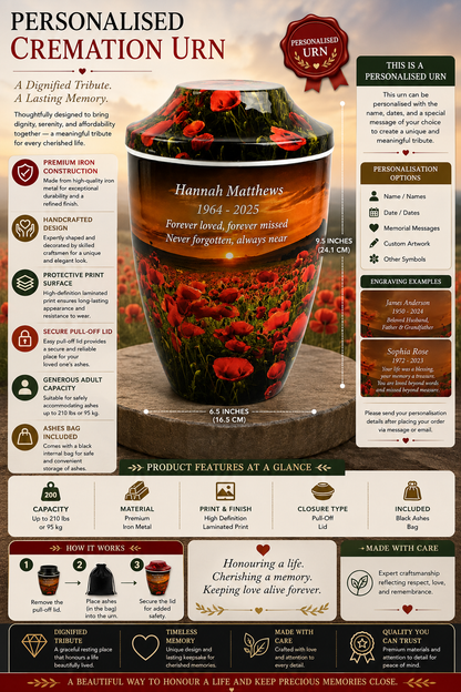 Iron Metal Cremation Urn Poppy Sunset With Free Ashes Bag