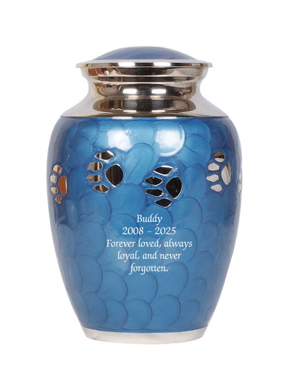 Blue & Silver Paw Print Cremation Urn – 6" & 8" Sizes