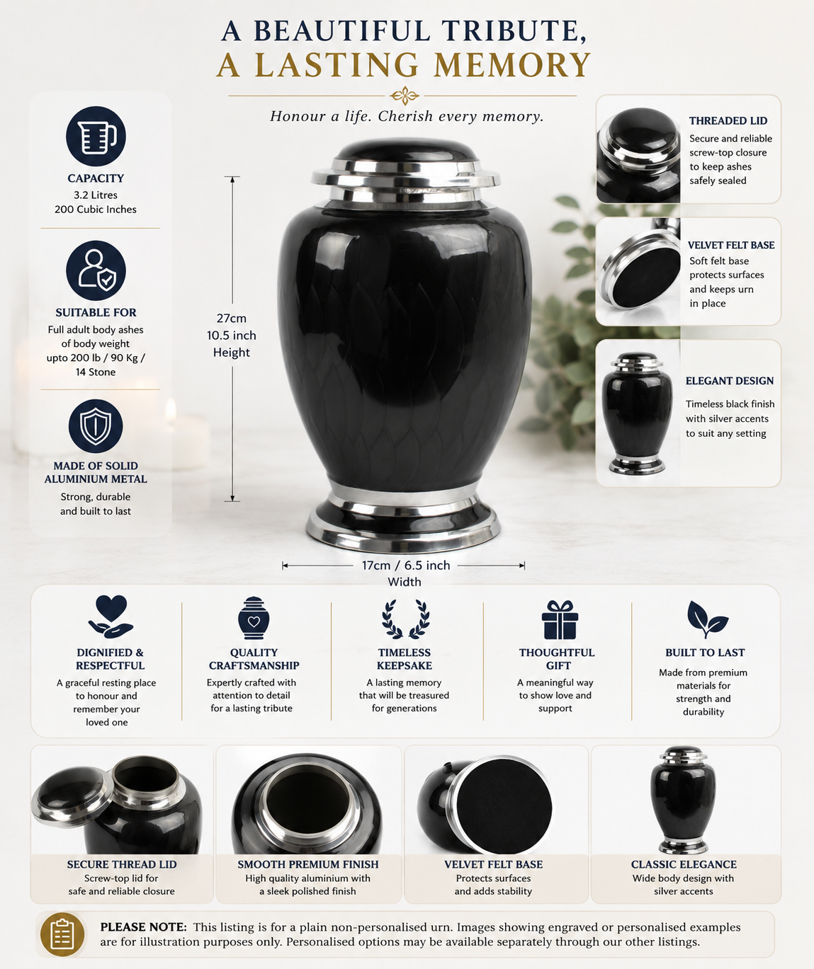 Black and Silver Dove Aluminium Urn