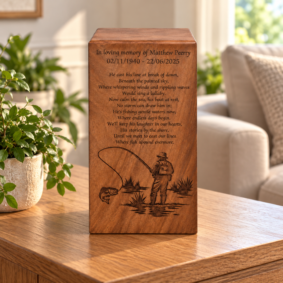Wood Casket for Adult Ashes Fisherman Design
