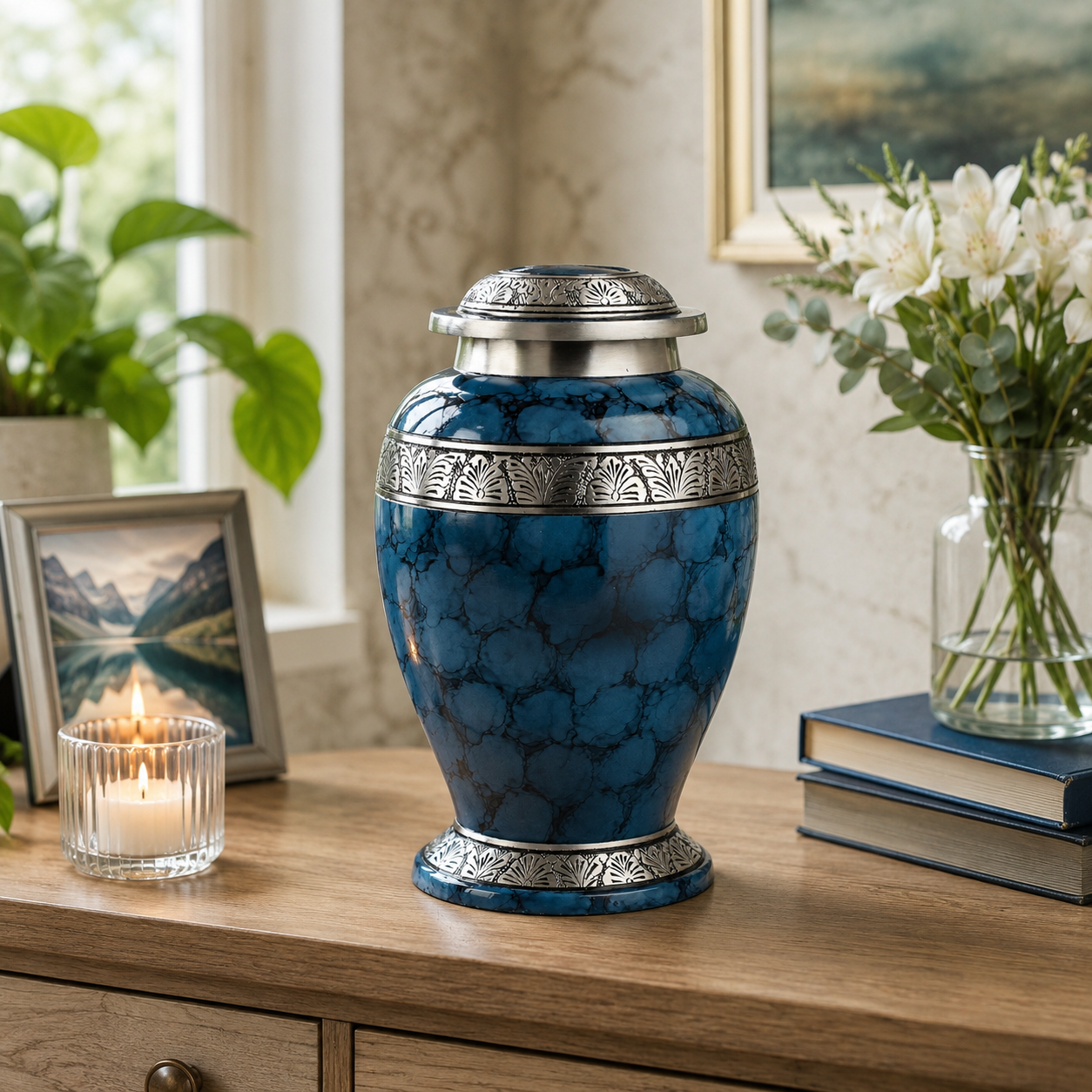 Blue Cloud Cremation Urn – Hand Crafted Aluminium Adult Memorial Urn