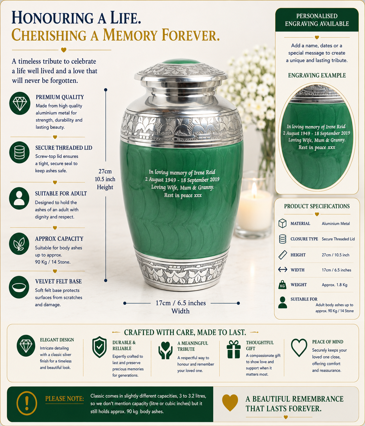 Classic Green Aluminium Adult Cremation Urn