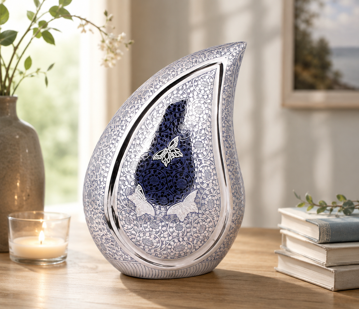 Blue Butterfly Brass 10" and 12" Teardrop Urn