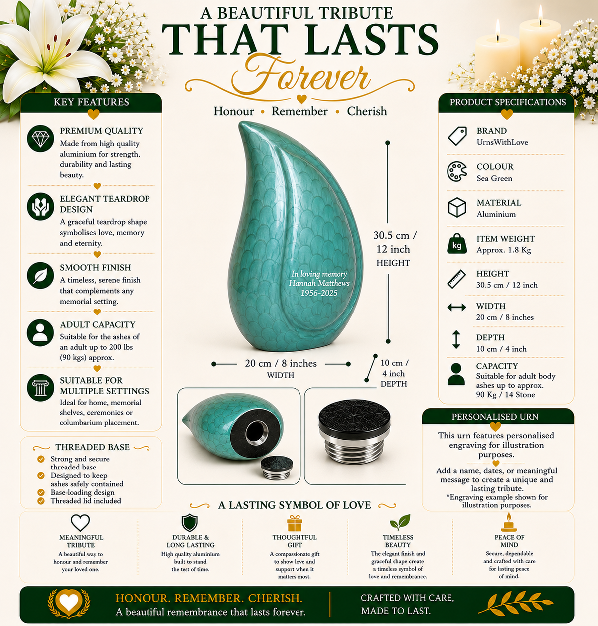Green Teardrop Cremation Urn