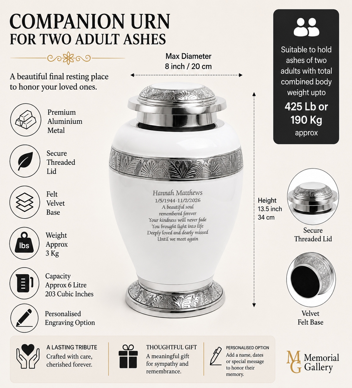 White 2 Body Ashes Companion Urn (365 Lb/165 Kg)