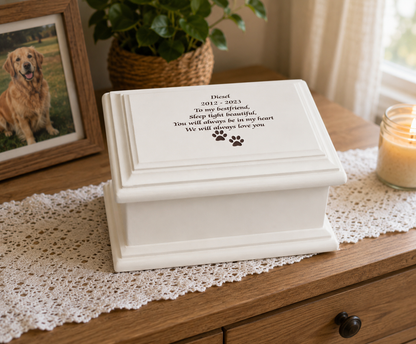 White Paw Print MDF Cremation Casket – Medium & Small Sizes