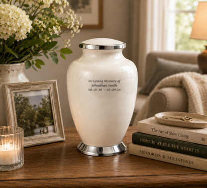 Pearl White with Silver Aria Adult Cremation Urn