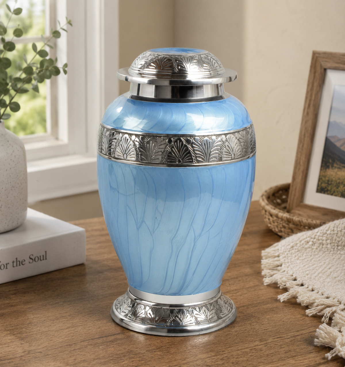 Sky Blue & Silver Aluminium Dove Cremation Urn