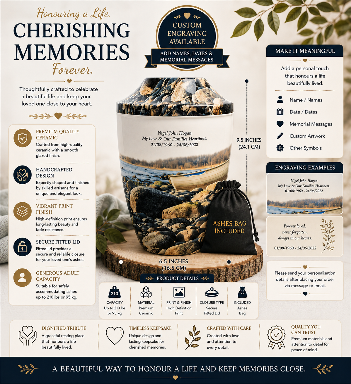 Iron Metal Cremation Urn Pebbles On Beach With Free Ashes Bag