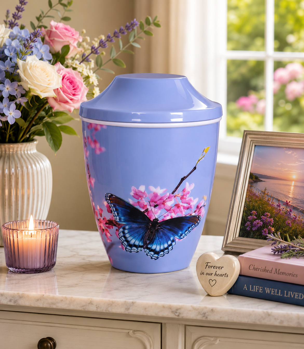 Iron Metal Cremation Urn Butterfly On Flower Design With Free Ashes Bag