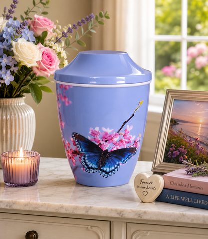 Iron Metal Cremation Urn Butterfly On Flower Design With Free Ashes Bag