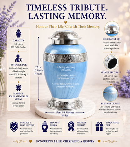 Sky Blue & Silver Aluminium Dove Cremation Urn