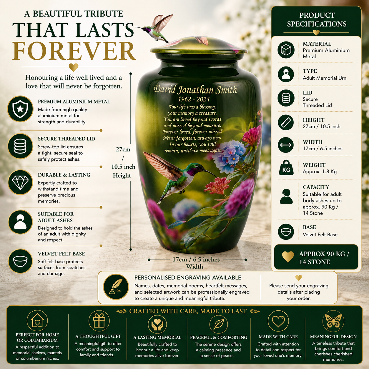 Hummingbird Garden Adult Cremation Ashes Urn