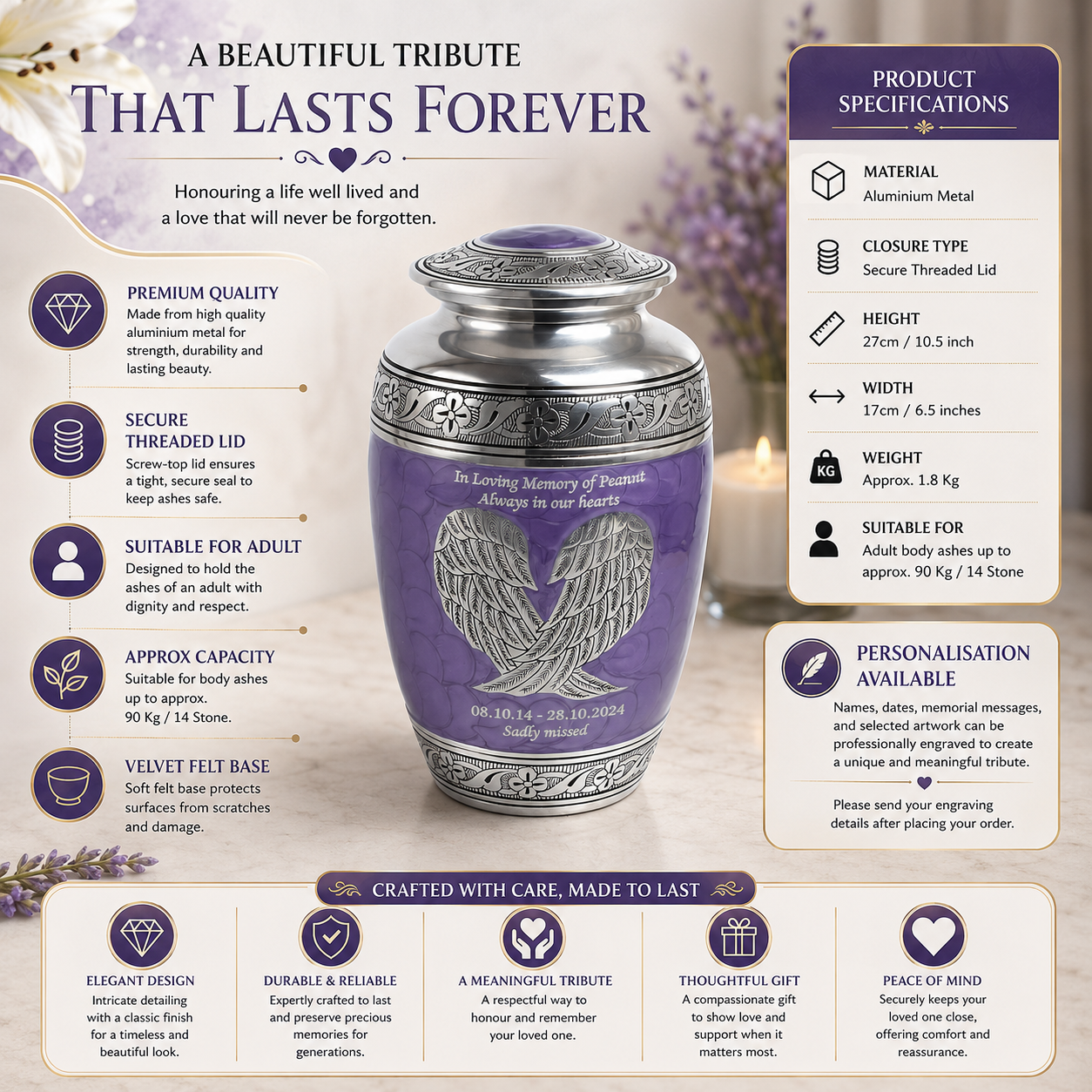 Purple and Silver Angel Wings Cremation Urn