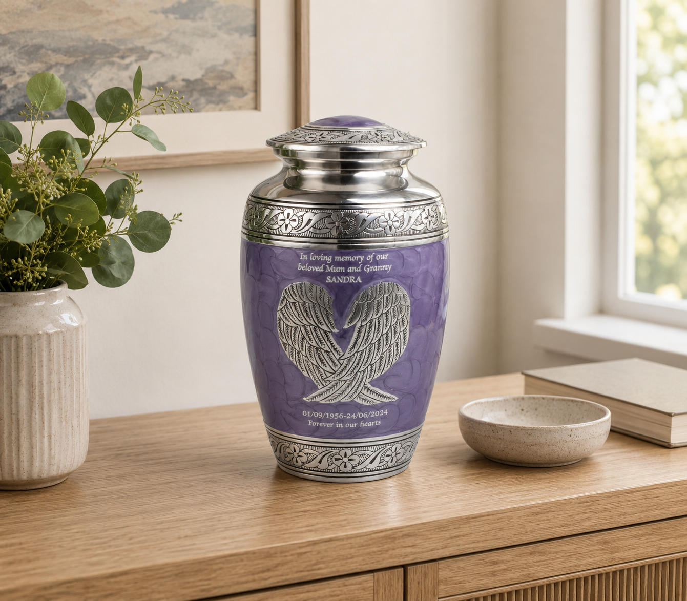Purple and Silver Angel Wings Cremation Urn