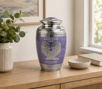 Purple and Silver Angel Wings Cremation Urn