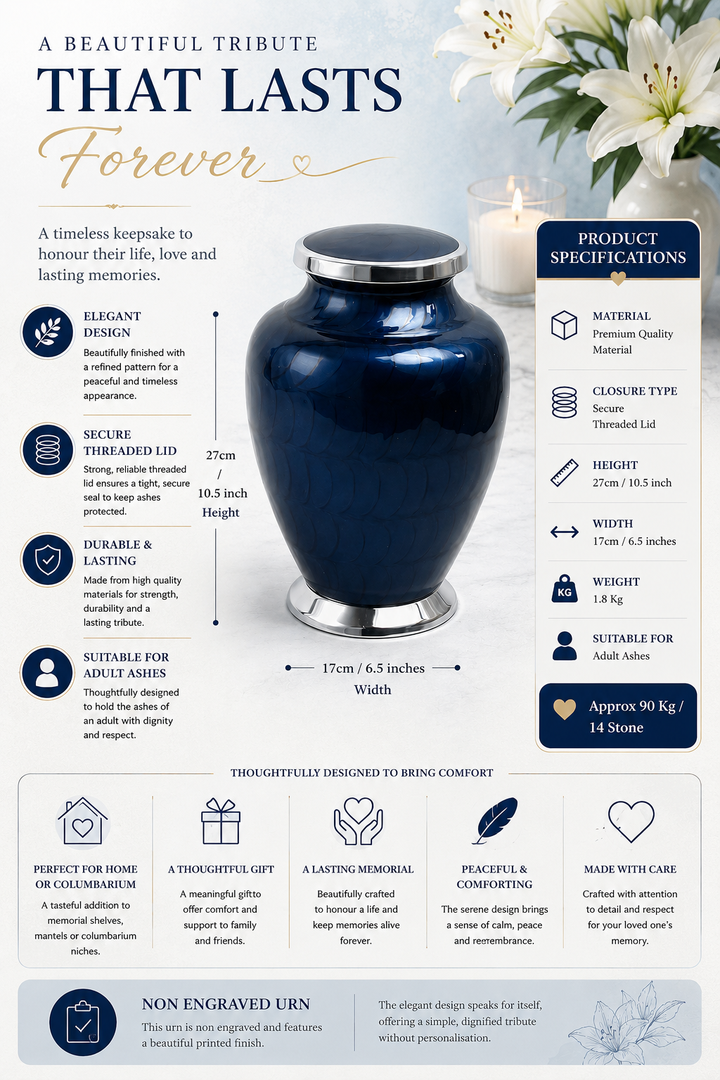 Blue with Silver Aria Adult Cremation Urn
