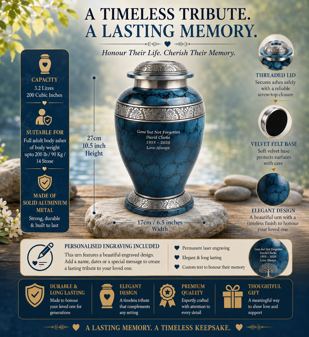 Blue Cloud Cremation Urn – Hand Crafted Aluminium Adult Memorial Urn