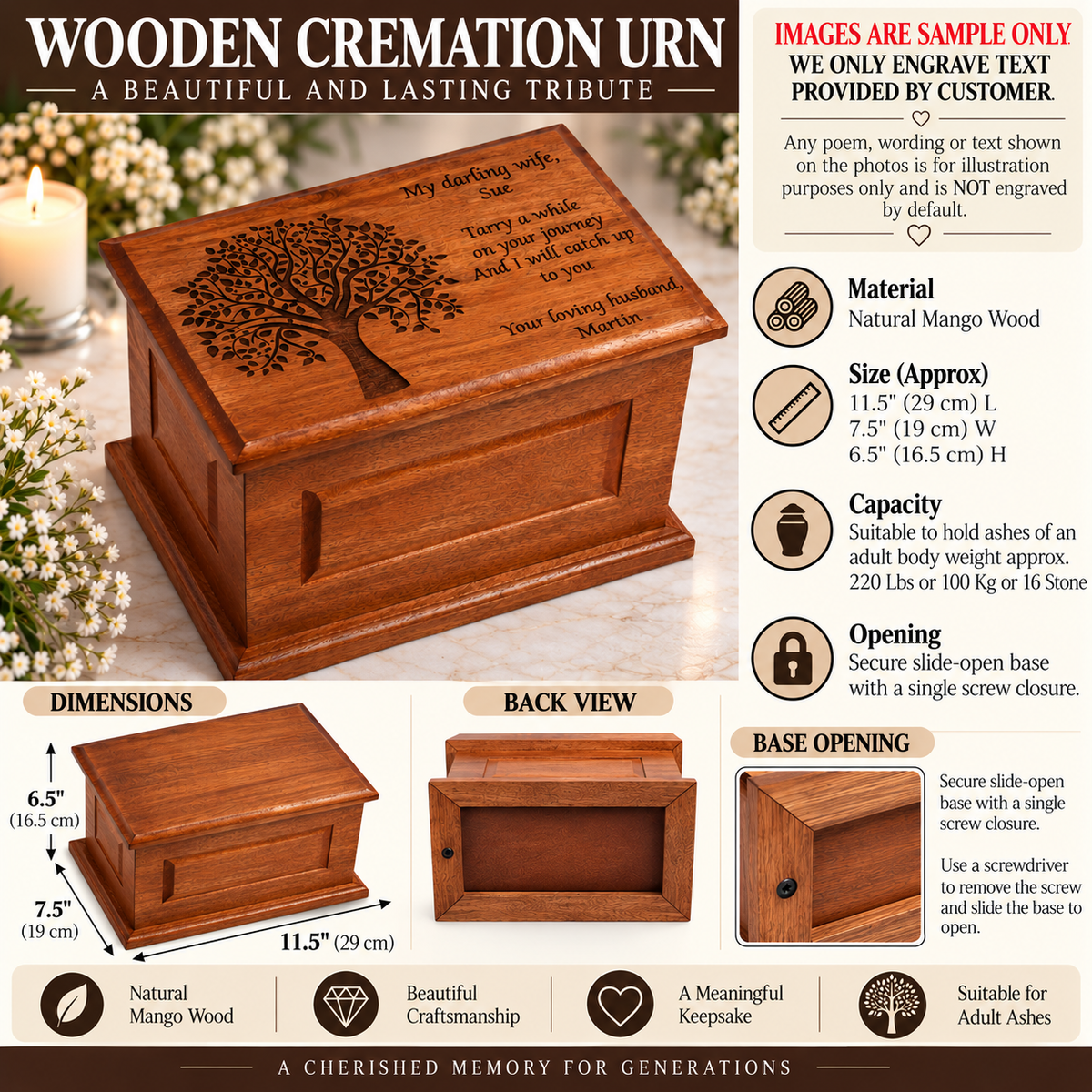 Large Solid Wood Casket Tree of Life with Birds Urn