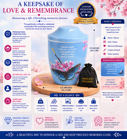 Iron Metal Cremation Urn Butterfly On Flower Design With Free Ashes Bag