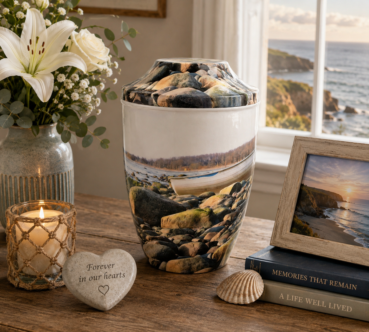 Iron Metal Cremation Urn Pebbles On Beach With Free Ashes Bag