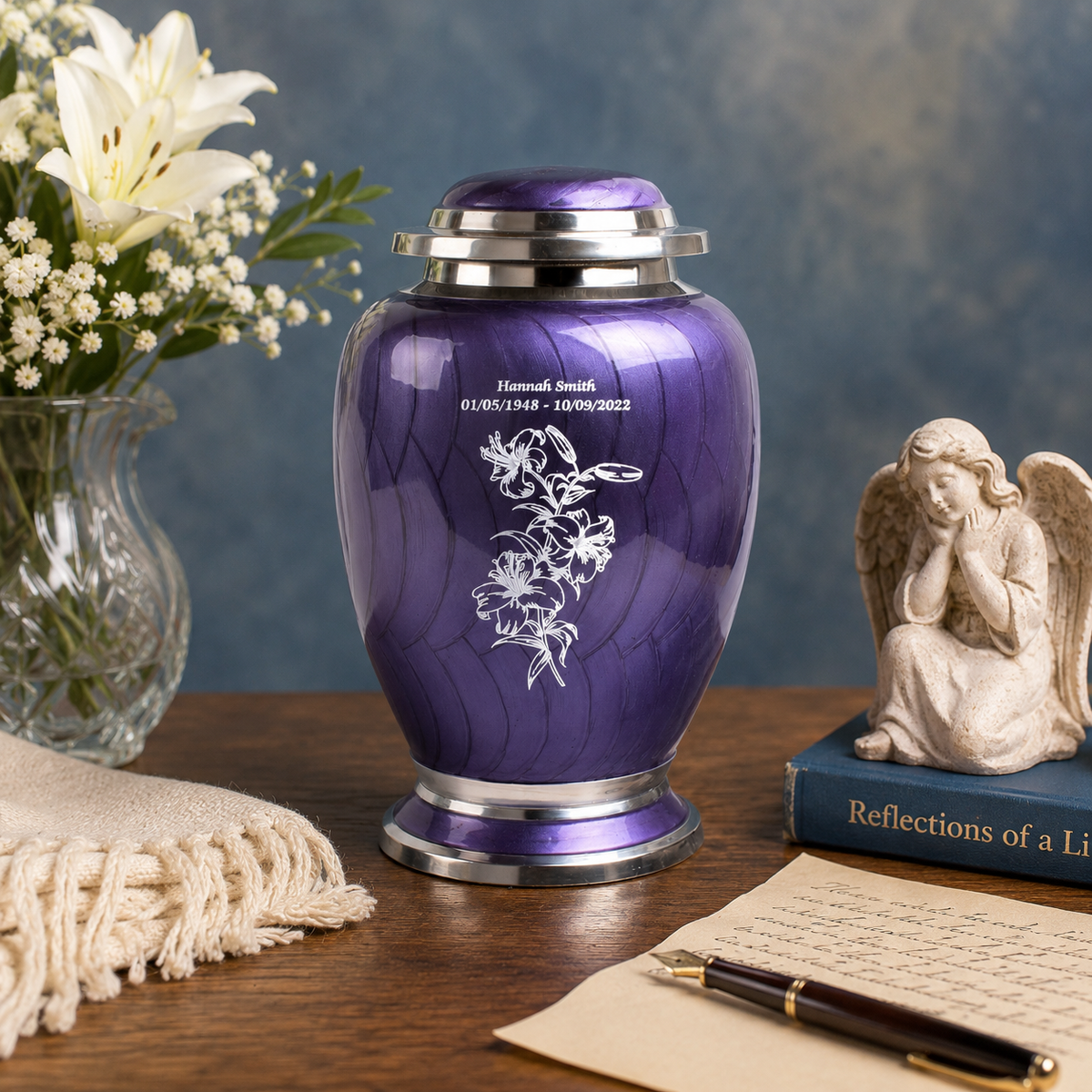 Purple and Silver Lilies Urn